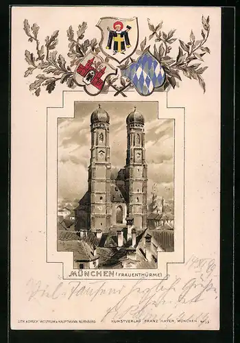 Passepartout-Lithographie München, Frauenthürme mit Wappen und Münchner Kindl