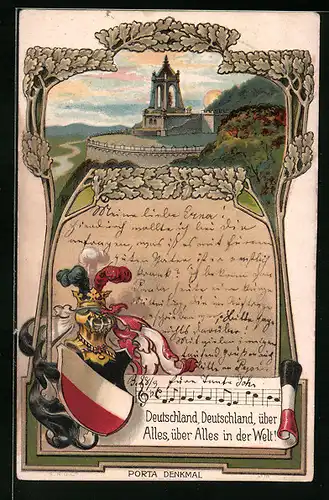 Passepartout-Lithographie Porta Denkmal mit Wappen und Eichenlaub