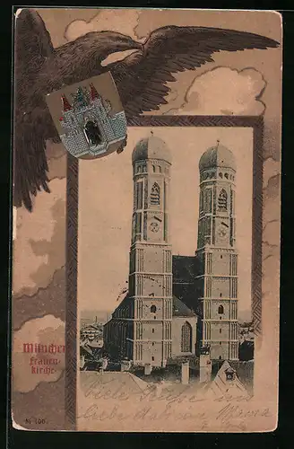 Passepartout-Lithographie München, Frauenkirche mit Wappen