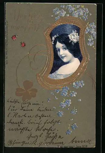 Präge-AK Dame im Portrait, Vergissmeinnicht im Jugendstil