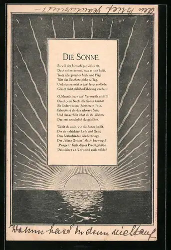 Künstler-AK Gedicht Sonne, Untergehende Sonne im Meer