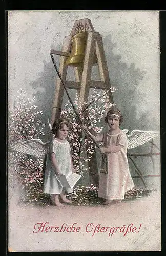 Künstler-AK Osterengel läuten die Glocke