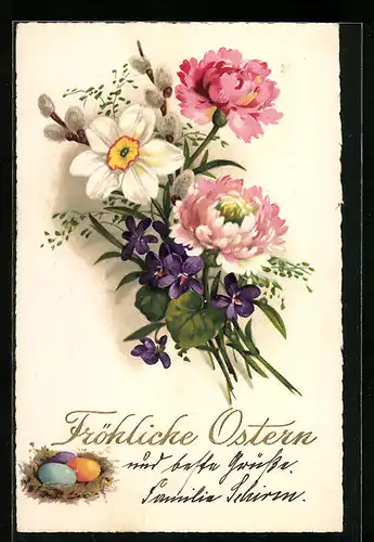 Künstler-AK Fröhliche Ostern mit Blumenstrauss