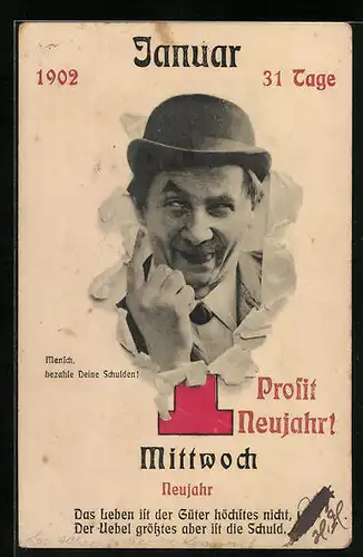 AK Prosit Neujahr 1902, Herr mit Melone