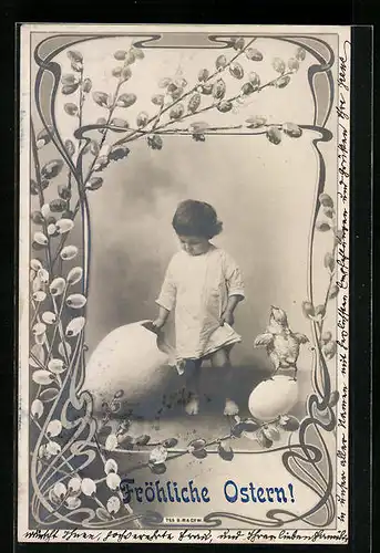 AK Kleinkind mit Osterküken und Palmkätzchenzweigen