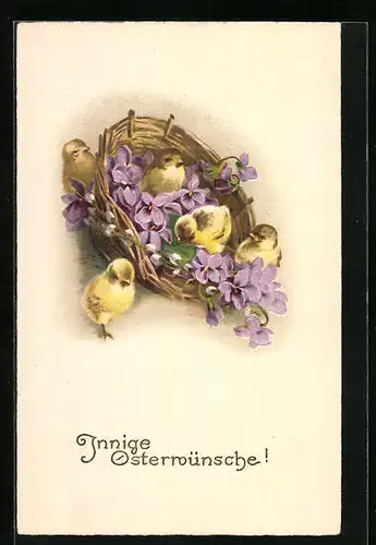 Künstler-AK Osterküken mit Veilchen im Korb
