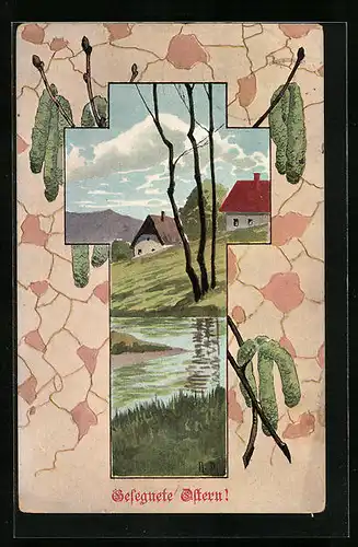 Künstler-AK Gesegnete Ostern, Dorfpartie