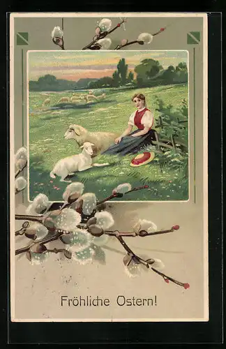 Künstler-AK Junge Dame auf der Wiese mit Lämmchen zu Ostern