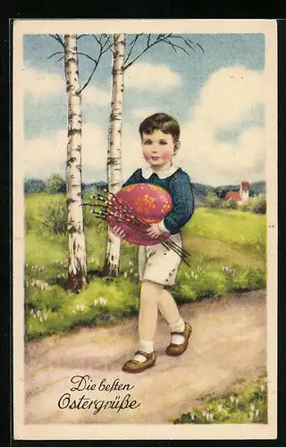Künstler-AK Junge mit Osterei, Dorfpartie