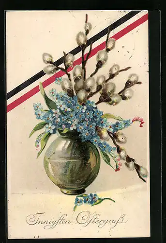 Präge-AK Vergissmeinnicht mit Palmkätzchen in der Vase