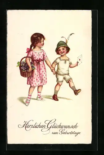 Künstler-AK Kinder mit Korb voller Blumen zum Geburtstag