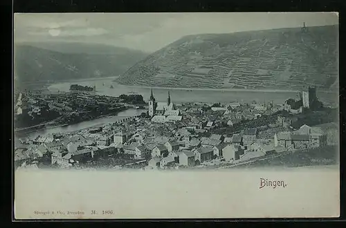 Mondschein-AK Bingen, Ortsansicht aus der Vogelschau