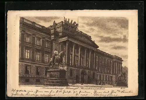 Künstler-AK Braunschweig, Herzogl. Residenzschloss und Reiterstandbilder
