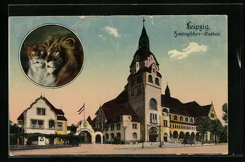 AK Leipzig, Eingangsgebäude des Zoos mit Strasse, Löwenpaar