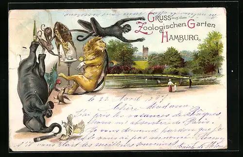 Lithographie Hamburg, Schabernack treibende Tiere im Zoologischen Garten, Zoopartie