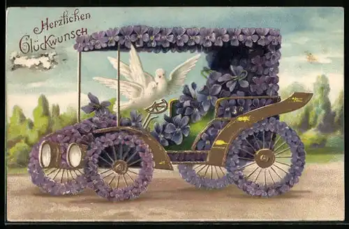 Künstler-AK Geburtstagsglück mit Brieftauben und mit Veilchen geschmücktem Automobil