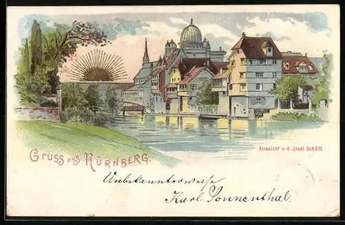 Sonnenschein-AK Nürnberg, Ansicht der Synagoge v. d. Insel Schütt