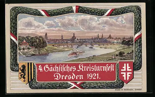 Künstler-AK Dresden, 4. Sächs. Kreisturnfest 1921, Totalansicht aus der Ferne