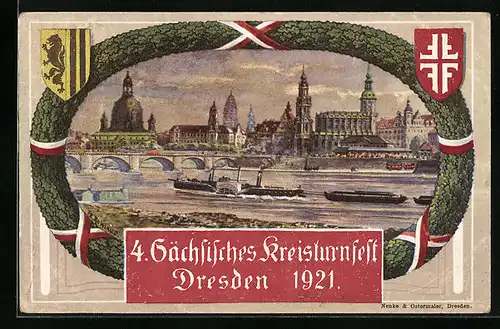 Künstler-AK Dresden, 4. Sächs. Kreisturnfest 1921, Totalansicht mit Elbdampfer