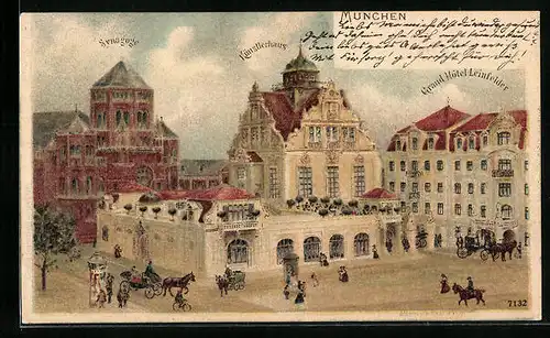 Lithographie München, Synagoge mit Künstlerhaus und Grand Hotel Leinfelder