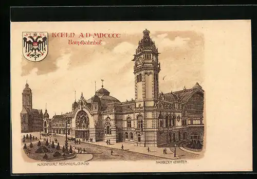 Lithographie Köln a. Rh., Strassenpartie am Hauptbahnhof