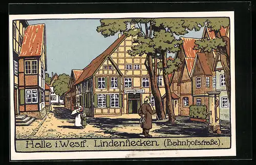 Steindruck-AK Halle i. W., Gasthaus Lindenflecken von Leopold Brune in der Bahnhofstrasse