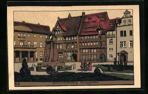 Steindruck-AK Braunschweig, Denkmal am Burgplatz