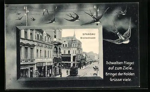 Passepartout-AK Berlin-Spandau, Strassenbahn in der Breitestrasse mit Schwalbenmotiv