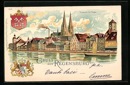 Lithographie Regensburg, Panorama mt Donau