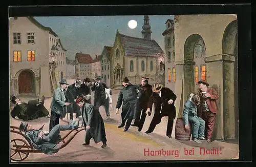 Wirtshaus-AK Hamburg, Heimweg aus der Sicht eines Betrunkenen