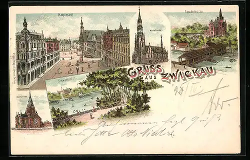 Lithographie Zwickau, Hauptmarkt, Marienkirche, Paradiesbrücke, Moritzkirche und Schwanenteich