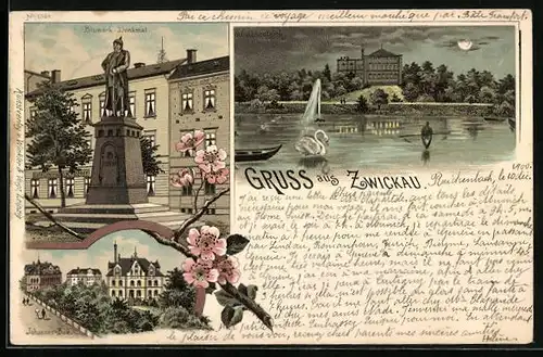 Lithographie Zwickau, Bismarck-Denkmal, Schwanenteich und Johannes-Bad