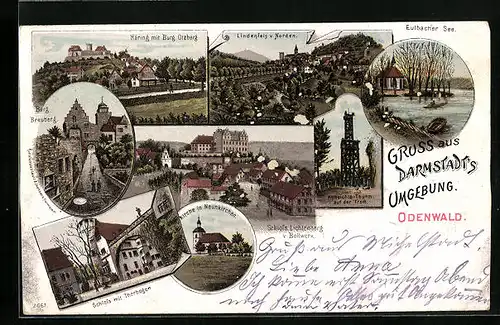 Lithographie Darmstadt i. Odw., Häring mit Burg Otzberg, Burg Breuberg, Schloss mit Torbogen, Eulcbacher See