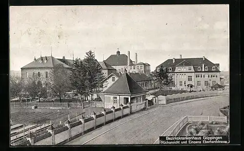 AK Göppingen, Bezirkskrankenhaus mit Rückansicht und Eingang in der Eberhardstrasse