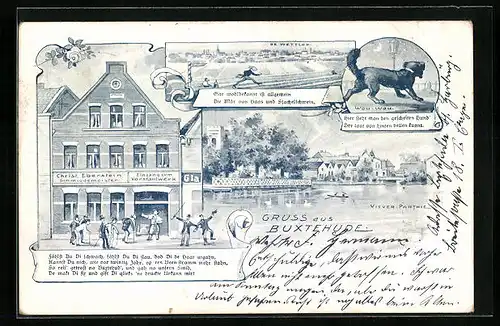 Lithographie Buxtehude, Vorstahlwerk, Viever-Partie, Dackel