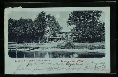 Mondschein-AK Plau am See, Gasthaus Seeluft mit Dampfschiffbrücke