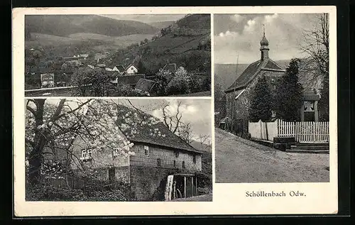 AK Schöllenbach i Odw., Gesamtansicht, Kirche, Wassermühle