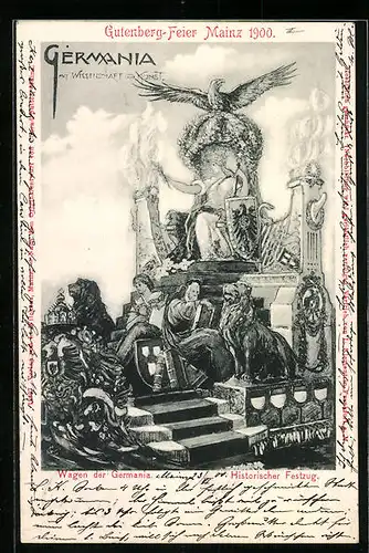 Künstler-AK Mainz, Wagen der Germania, Historischer Festzug