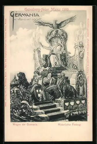 Künstler-AK Mainz, Wagen der Germania, Historischer Festzug