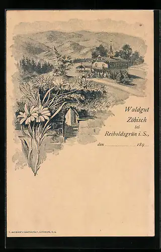 Lithographie Zöbisch b. Reiboldsgrün, Ortsansicht mit Blumen-Dekor