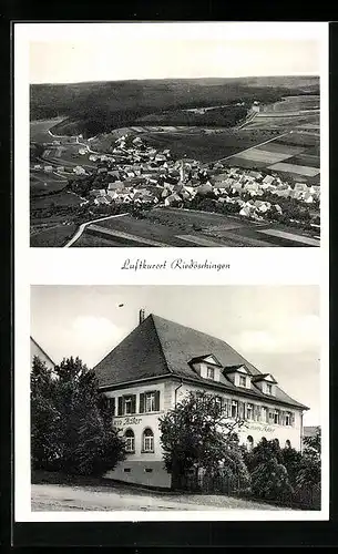 AK Riedöschingen, Totalansicht aus der Vogelschau mit Gasthaus zum Adler