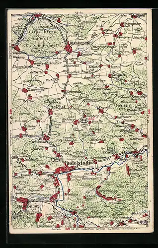 Künstler-AK Rudolstadt, Ort und Umgebung auf der Landkarte, Wona-Karte