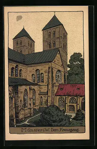 Steindruck-AK Münster i. W., Dom mit Kreuzgang