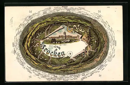 Lithographie Brocken, Königsberg und Umgebung mit Himmelsrichtungen