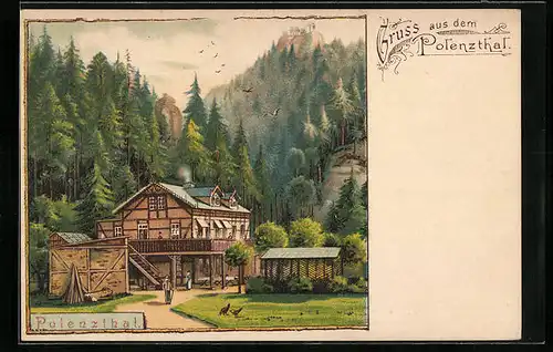 Lithographie Polenzthal, Gasthaus im Talgrund