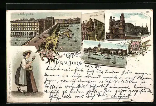 Lithographie Hamburg, Alter Jungfernstieg, Lessing-Denkmal, Neue Elb-Brücke