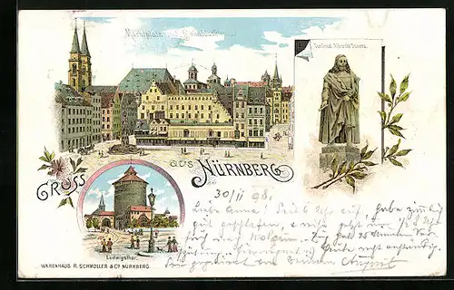 Lithographie Nürnberg, Marktplatz mit Sebalduskirche, Ludwigsthor
