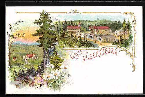Lithographie Albertsberg, Ortsansichten mit Umgebung und Aussichtsturm