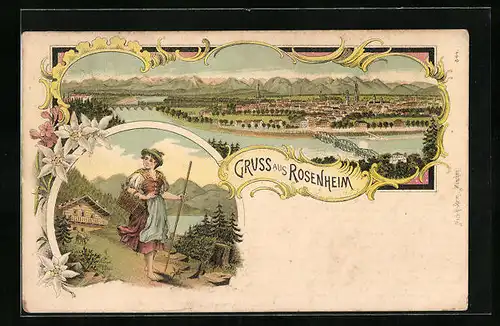 Lithographie Rosenheim, Panorama des Ortes, Dirndlmädchen mit Kräuterkorb