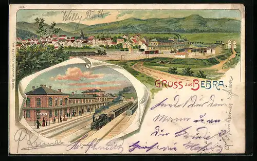Lithographie Bebra, Gesamtansicht mit Bahnhof, Bahnhof mit Bahnsteig
